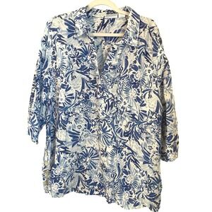 CYNTHIA ROWLEY Linen Size 2X Tunic Popover Top Blue White Flower Print Floral